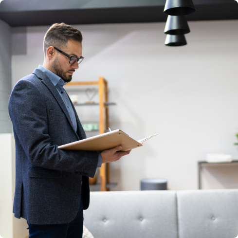 Men in suit reading his file