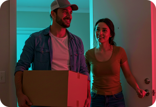 Men and women at home entrance