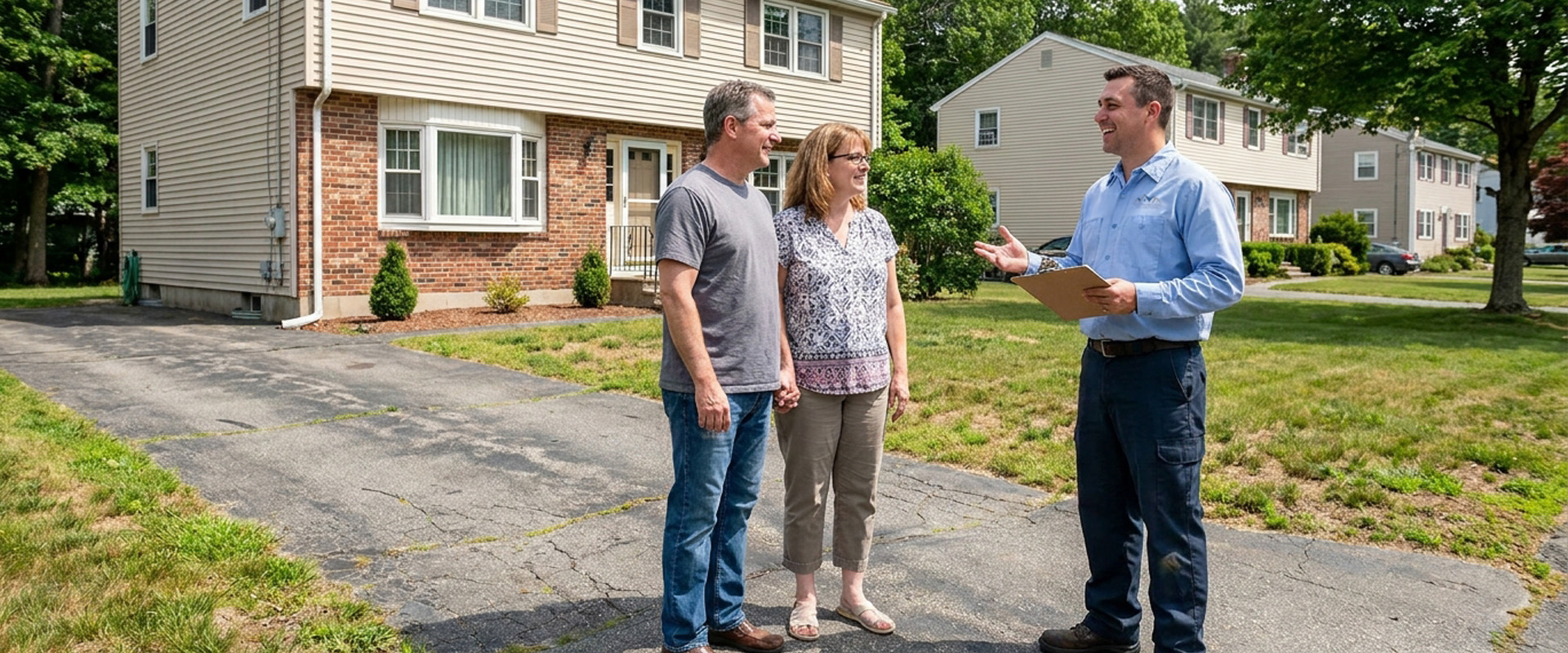 Three people standing outside a row of residential homes, discussing while one person holds a clipboard