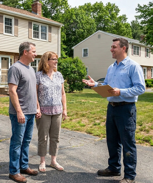 Three people standing outside a row of residential homes, discussing while one person holds a clipboard