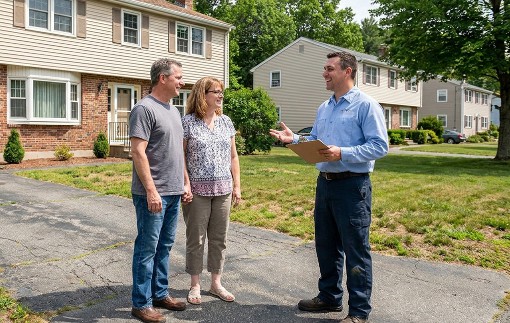 Three people standing outside a row of residential homes, discussing while one person holds a clipboard