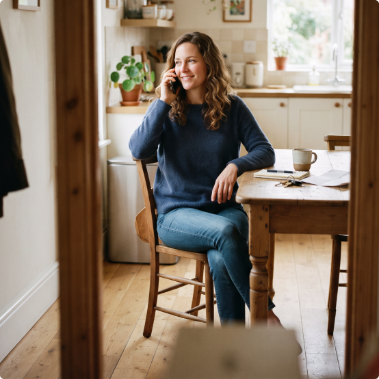 Homeowner smiling while talking on the phone at a kitchen table