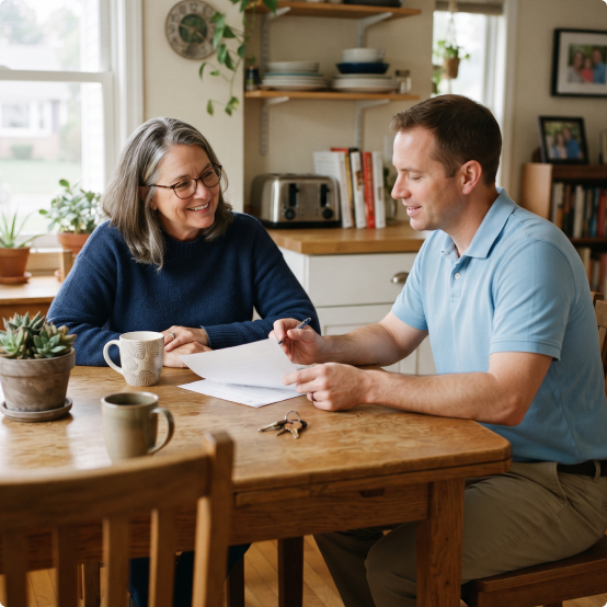 Family reviewing paperwork together at a kitchen table