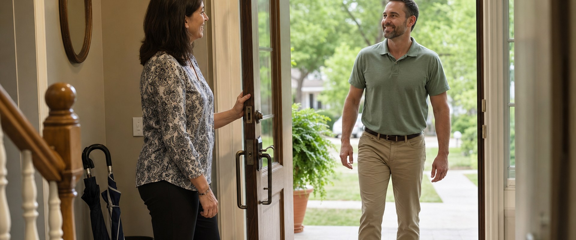Homeowner opening her front door to welcome a SellMyHouse.co cash home buyer
