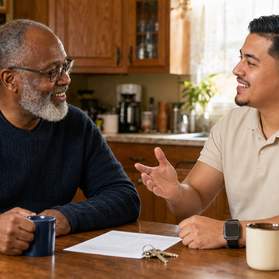 Homeowner and a cash home buyer talking over coffee at a kitchen table with house keys and paperwork