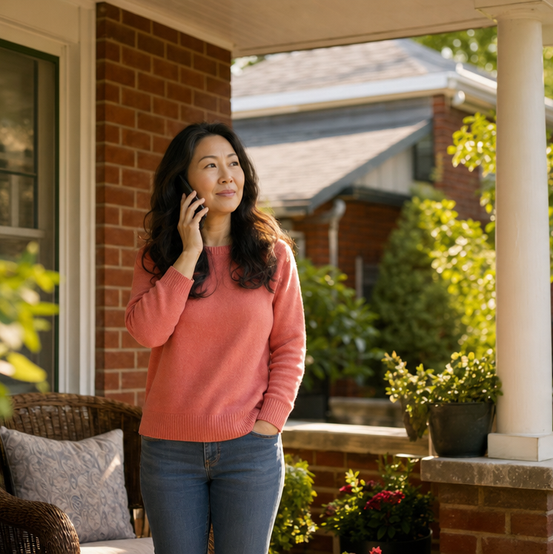 Homeowner on the phone on her front porch, calling about selling her house
