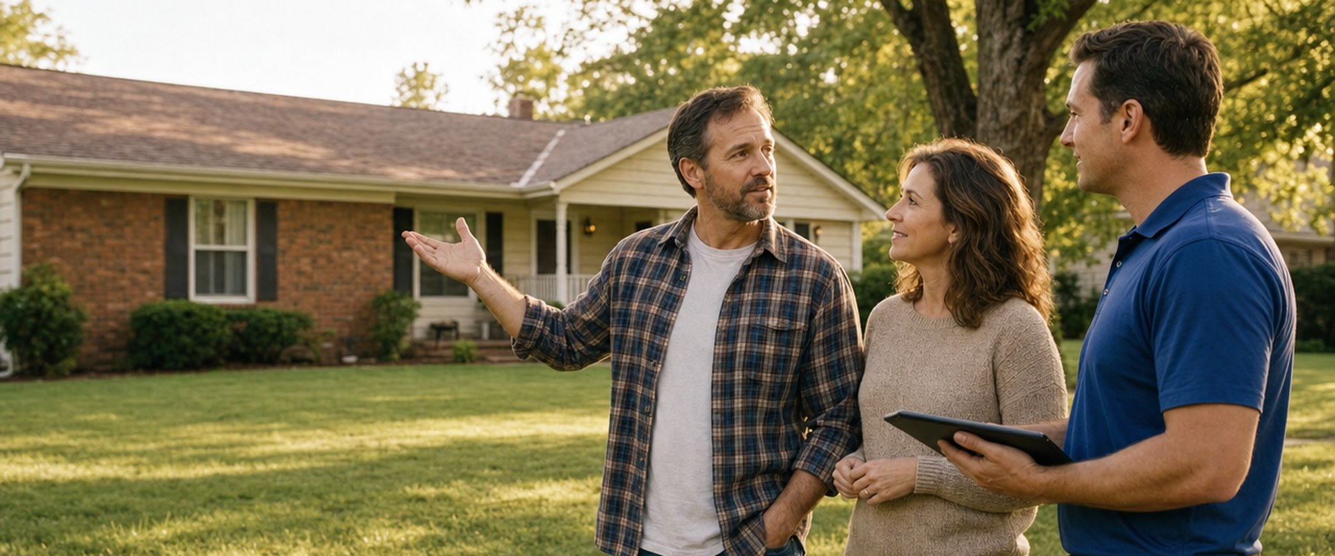 Landlord couple talking with a SellMyHouse.co buyer in front of their brick rental home