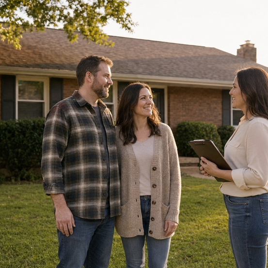 Couple standing with a home buyer holding a clipboard outside their brick rental house