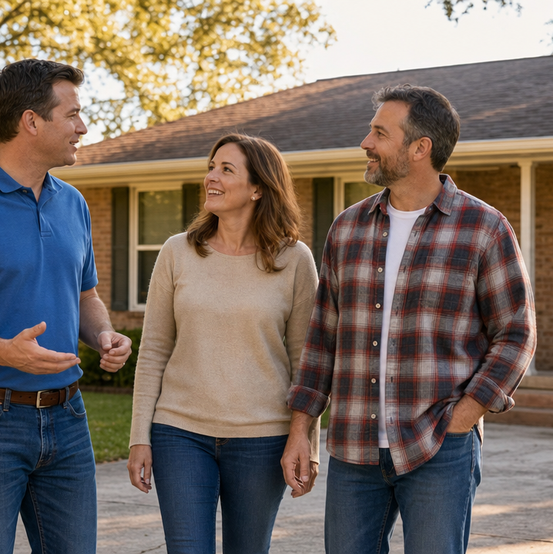 Home buyer walking with a landlord couple outside a single-story rental home