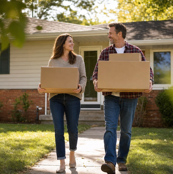 Couple carrying moving boxes out of a rental home after selling it