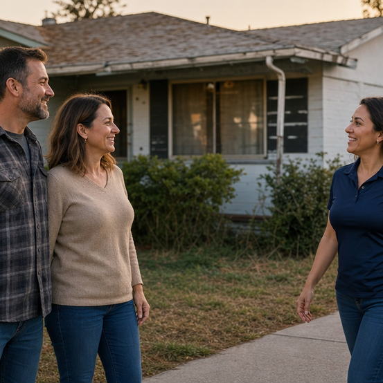 Landlord couple talking with a buyer on the sidewalk outside a worn rental house