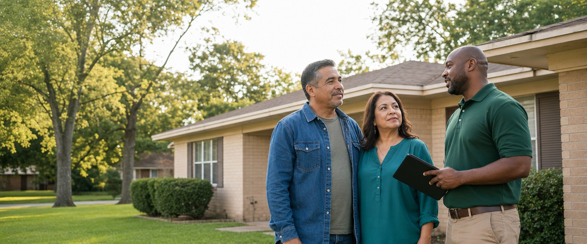 Homeowner couple talking with a SellMyHouse.co buyer outside their brick ranch home