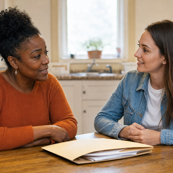 Homeowner going over mortgage paperwork at her kitchen table with a SellMyHouse.co advisor