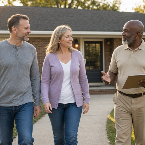 Home buyer with a clipboard walking with a homeowner couple outside their house