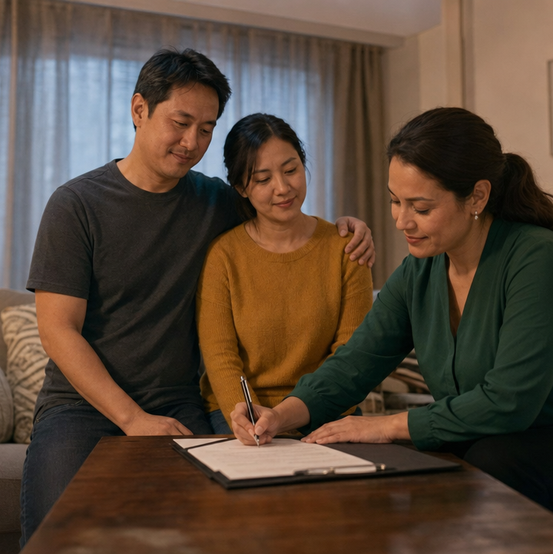 Homeowner couple calmly signing paperwork to sell their house in their living room