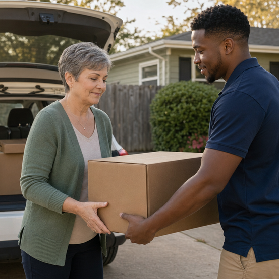 Homeowner handing a moving box to a helper beside her car after selling her house
