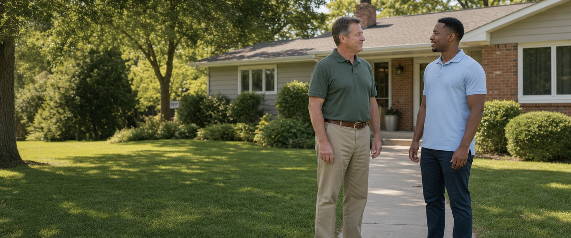 Homeowner talking with a cash home buyer in front of his house