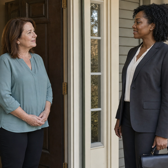 Homeowner greeting a real estate agent at her front door
