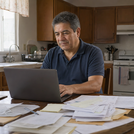 Homeowner managing his own home listing on a laptop surrounded by paperwork