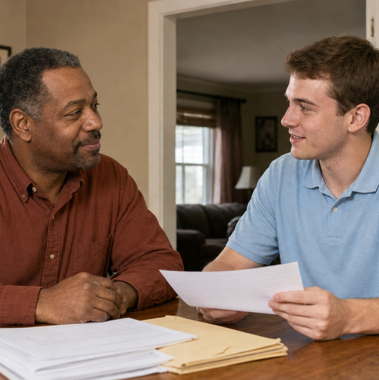 Homeowner going over a cash offer with a home buyer at his dining table