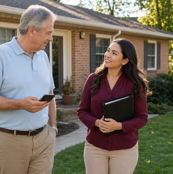 Homeowner checking his phone while talking with a SellMyHouse.co buyer outside his house