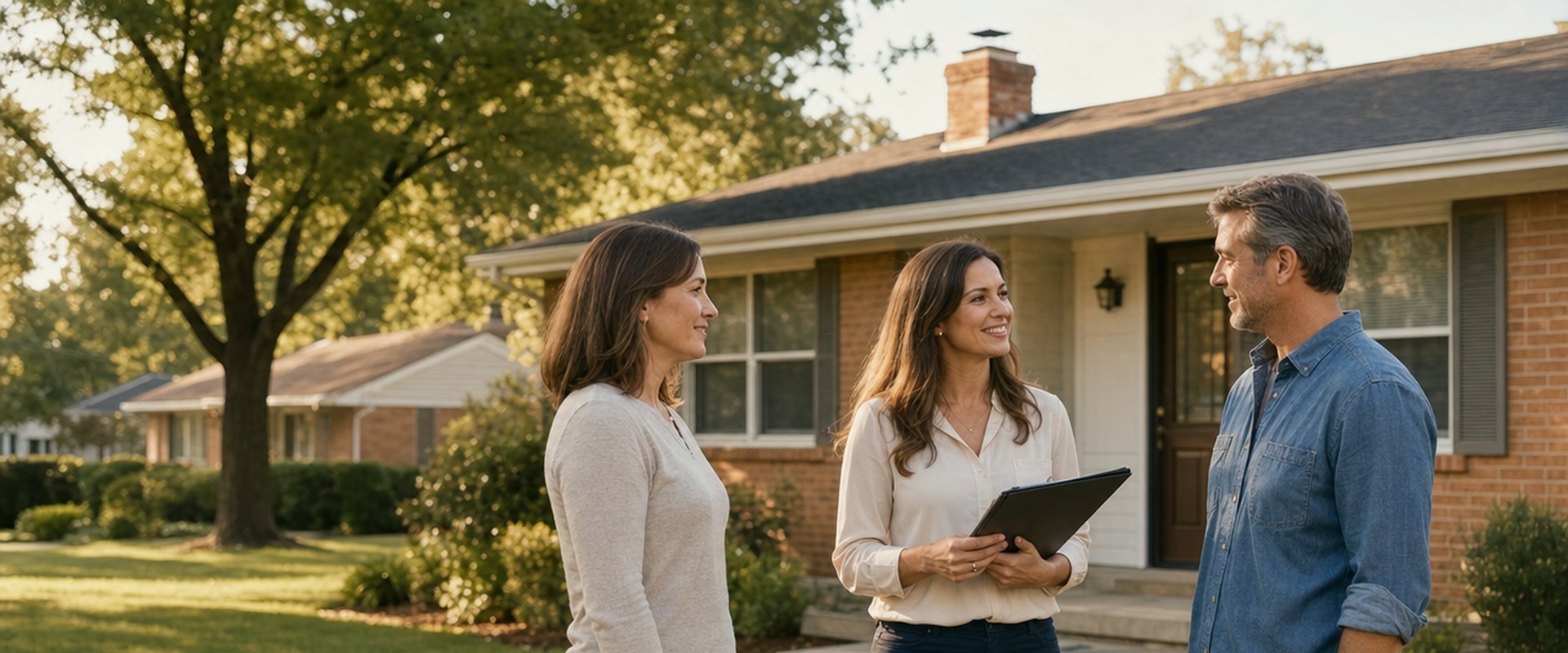 Divorcing couple standing apart while talking with a SellMyHouse.co buyer outside their brick home
