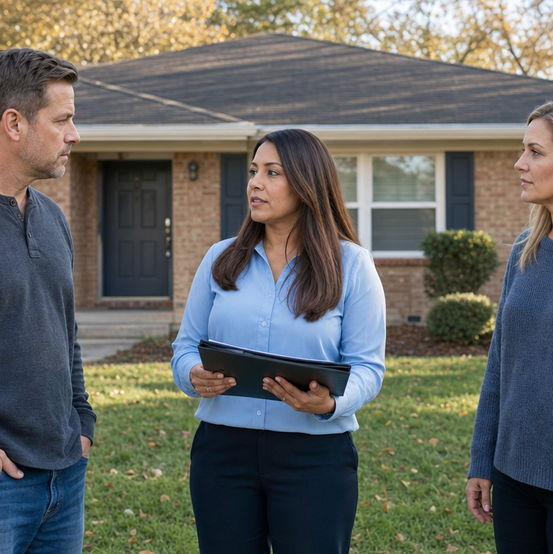 Separated couple standing apart while a home buyer with a folder talks with them outside their house