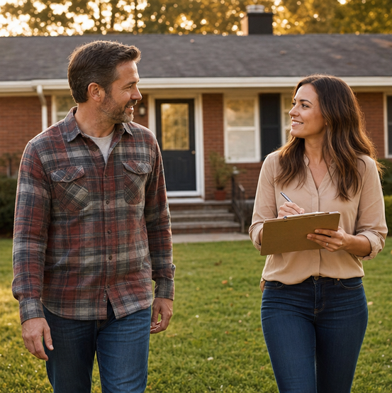 Homeowner talking with a home buyer holding a clipboard in front of his house