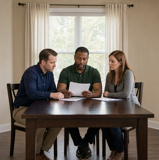 Divorcing couple sitting apart at a dining table reviewing a cash offer with a home buyer