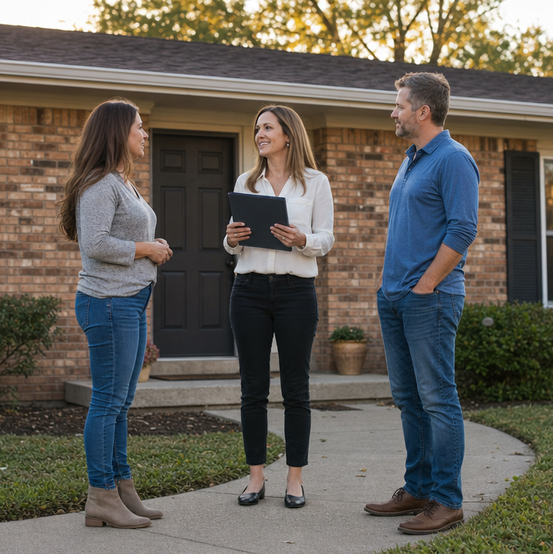 Divorcing couple meeting with a home buyer at the front door of their house