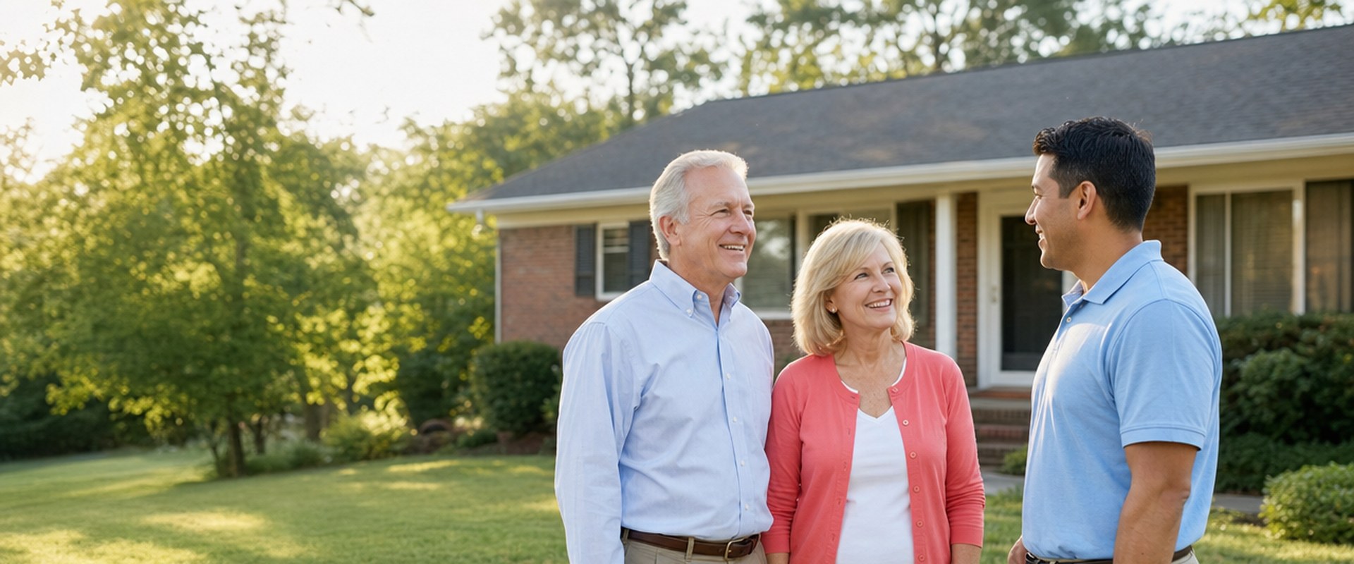 Retired couple talking with a SellMyHouse.co buyer outside the brick home they are downsizing from