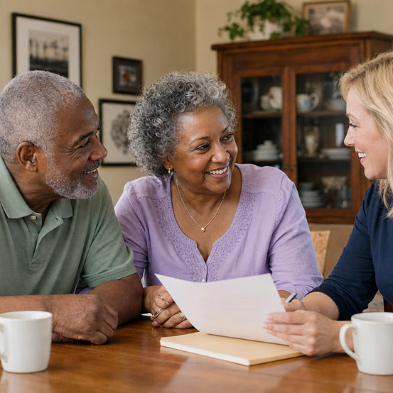 Retired couple reviewing a cash offer with a buyer over coffee at their dining table