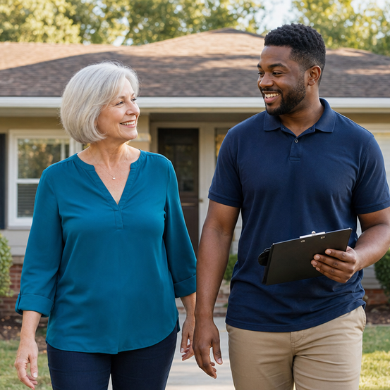 Senior homeowner talking with a home buyer holding a clipboard outside her house
