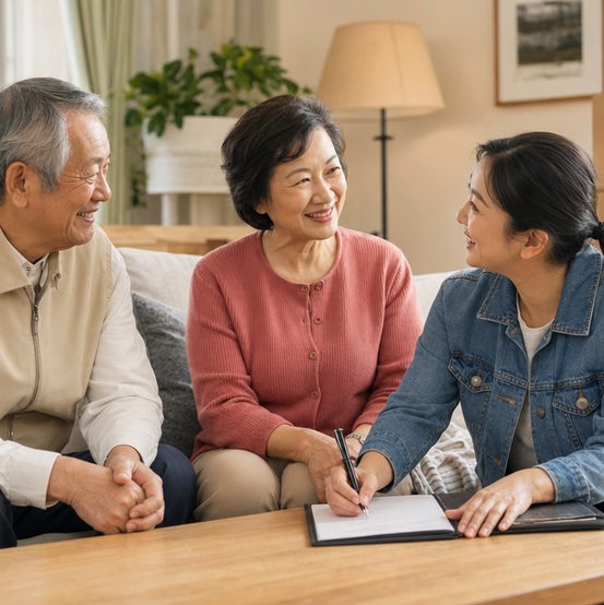 Older couple going over sale paperwork with an advisor in their living room