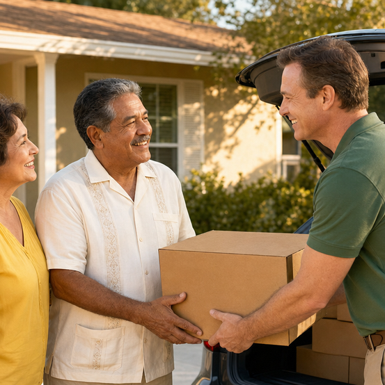 Retired couple handing a moving box to a helper as they downsize