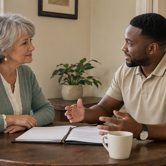 Homeowner asking a SellMyHouse.co buyer questions at her dining table