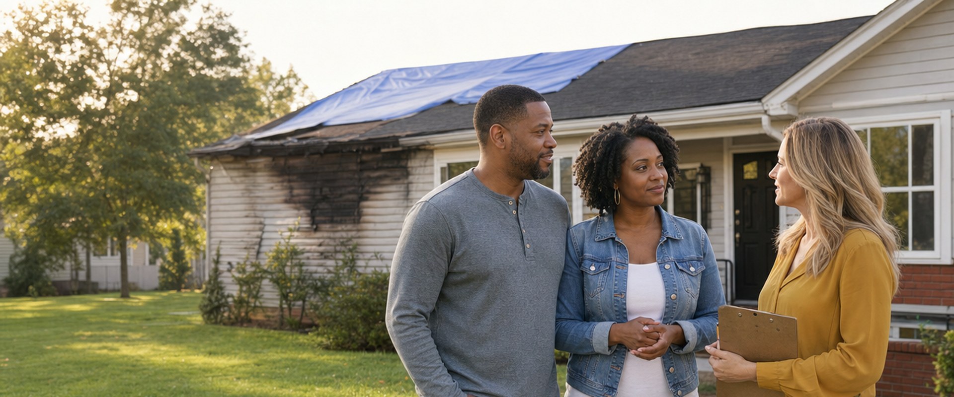 Homeowner couple talking with a SellMyHouse.co buyer outside their fire-damaged house with a tarp on the roof