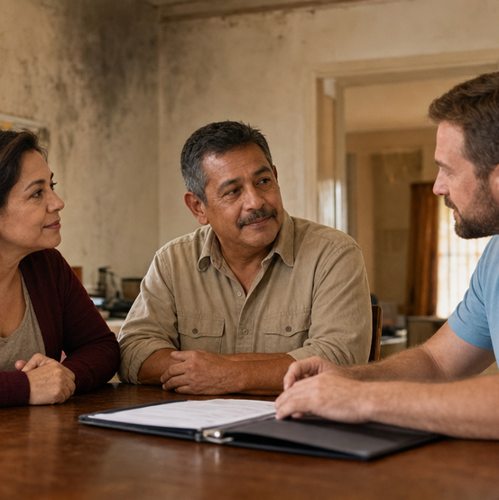 Homeowner couple reviewing a cash offer with a buyer at a table inside their smoke-damaged home