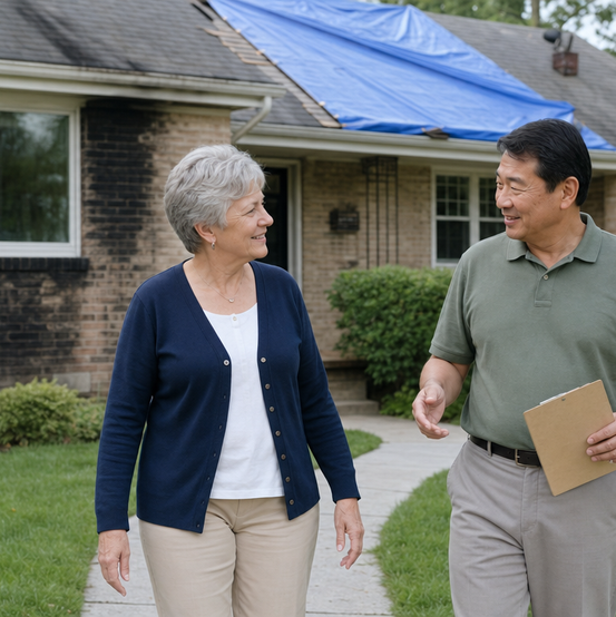 Homeowner talking with a home buyer outside her fire-damaged house with a tarp on the roof