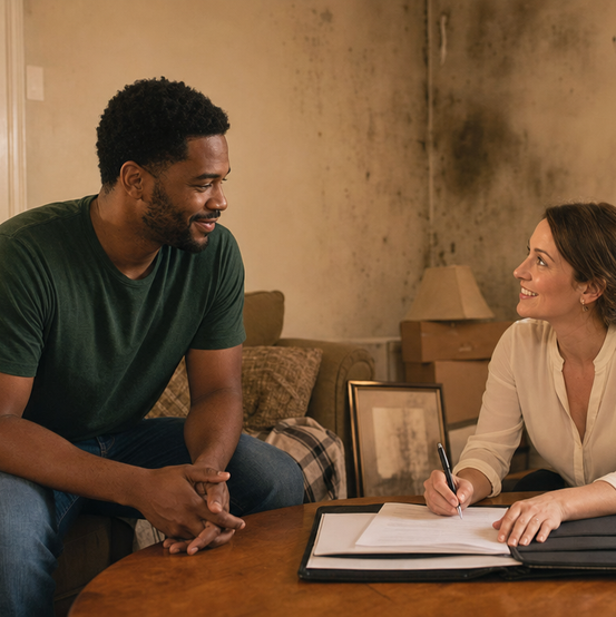 Couple going over insurance and sale paperwork inside a house with smoke-stained walls