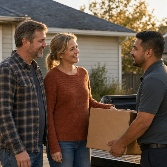 Couple handing a moving box to a helper after selling their fire-damaged house