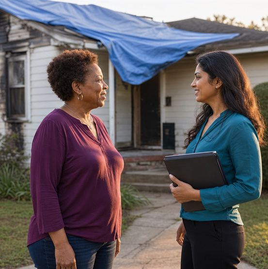Homeowner meeting with a home buyer in front of her fire-damaged house