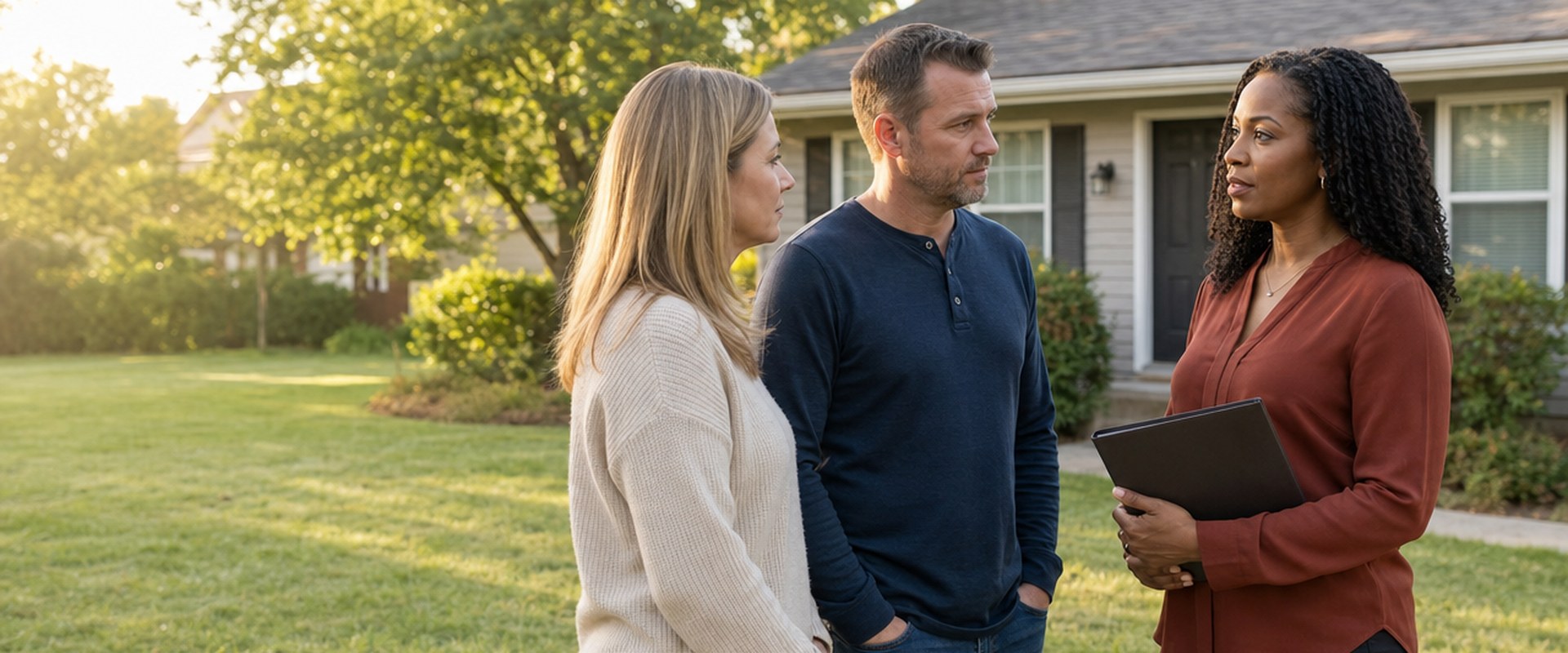 Homeowner couple facing foreclosure talking with a SellMyHouse.co buyer outside their house