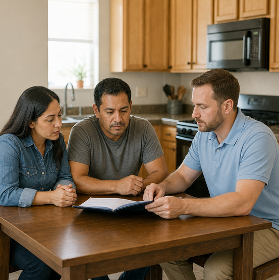 Homeowner couple reading a notice of default at their kitchen table with a SellMyHouse.co buyer