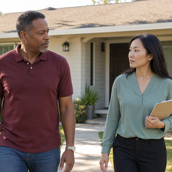 Homeowner walking with a home buyer holding a folder outside his house