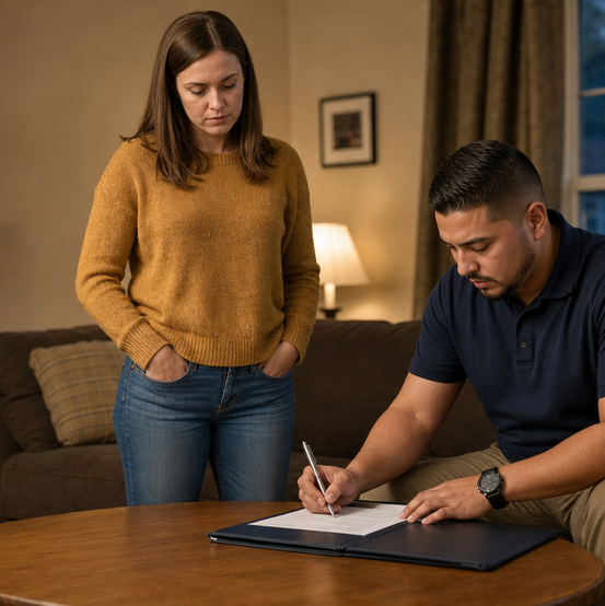 Homeowner watching a buyer prepare sale paperwork to stop a foreclosure sale