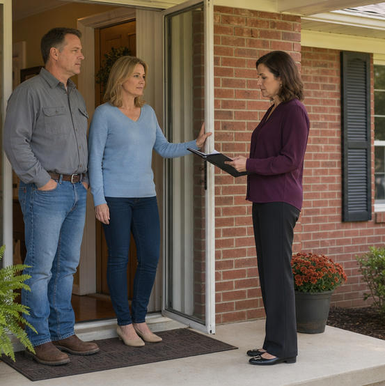 Homeowner couple greeting a home buyer at their front door