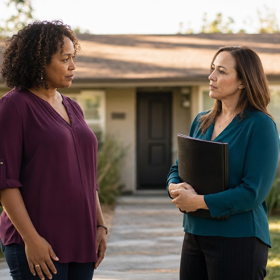 Homeowner meeting with a home buyer on the front walk of her house
