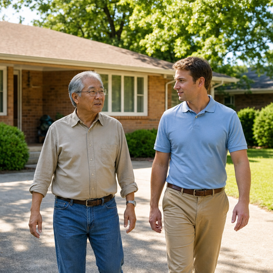 Older homeowner walking with a home buyer outside his brick house