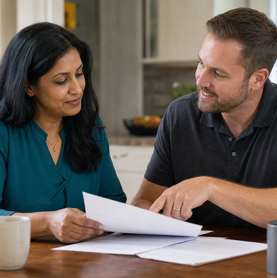 Homeowner and a SellMyHouse.co buyer going over a cash offer at her kitchen table